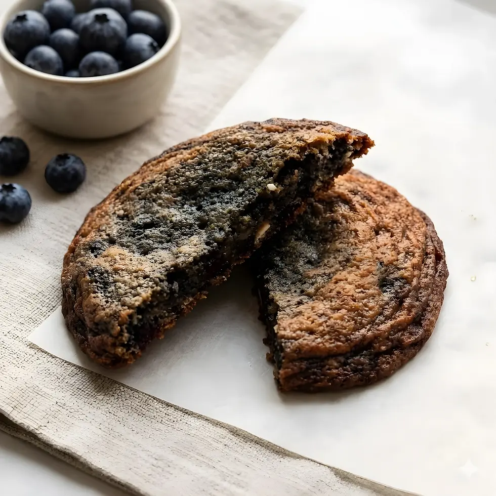 Blueberry cookie broken in half with fresh blueberries