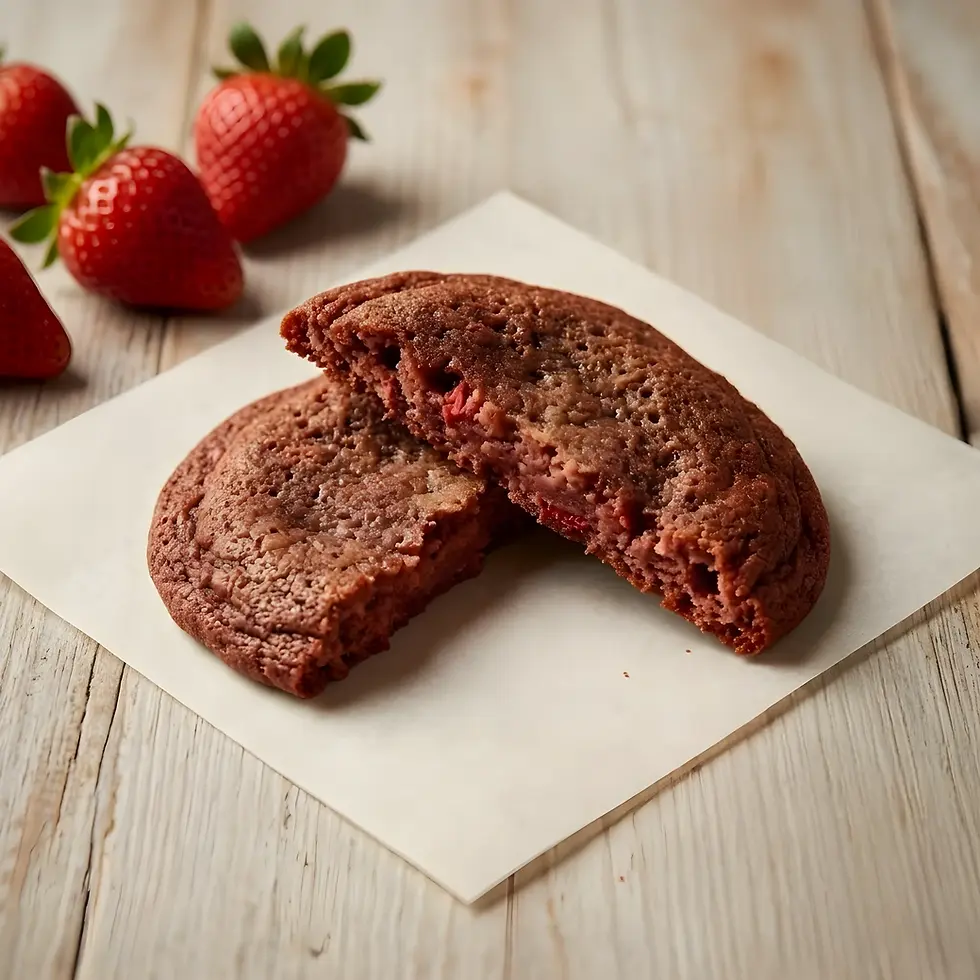 Strawberry cookie broken in half on a wooden table