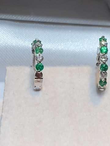 Thumbnail: 14k diamond and emerald hoop earrings