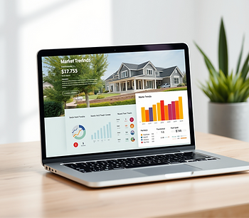 Laptop on wooden desk displaying real estate market trends, charts, and house image. Bright setting with a plant in the background.