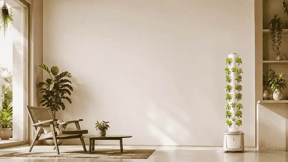 Bright living room with aeroponic tower
