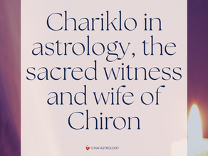 Purple astrology graphic with candle and incense smoke; text reads Chariklo in astrology, the sacred witness and wife of Chiron.