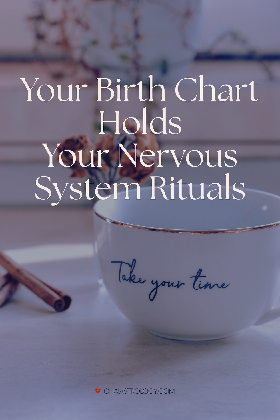 White teacup with "Take your time" text, cinnamon sticks nearby. Background text reads "Your Birth Chart Holds Your Nervous System Rituals." Calm mood.