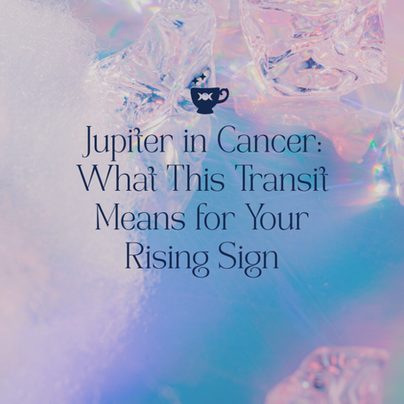 Crystals on pastel background with text: "Jupiter in Cancer: What This Transit Means for Your Rising Sign.” Dreamy, mystical theme.