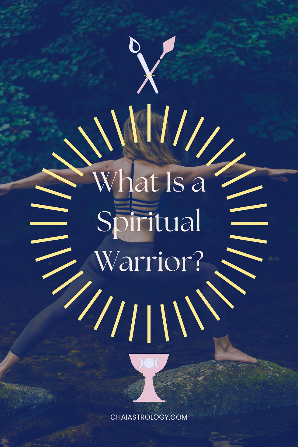 Woman in yoga pose on rock in forest. Text reads "What Is a Spiritual Warrior?" with yellow rays and spiritual symbols. Calm vibe.