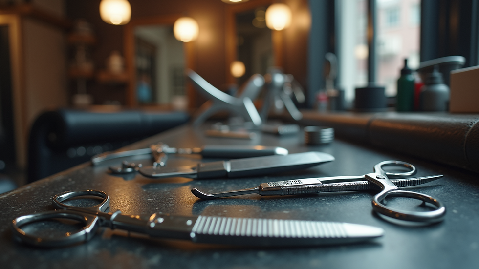 Close-up view of barber tools neatly arranged on a countertop