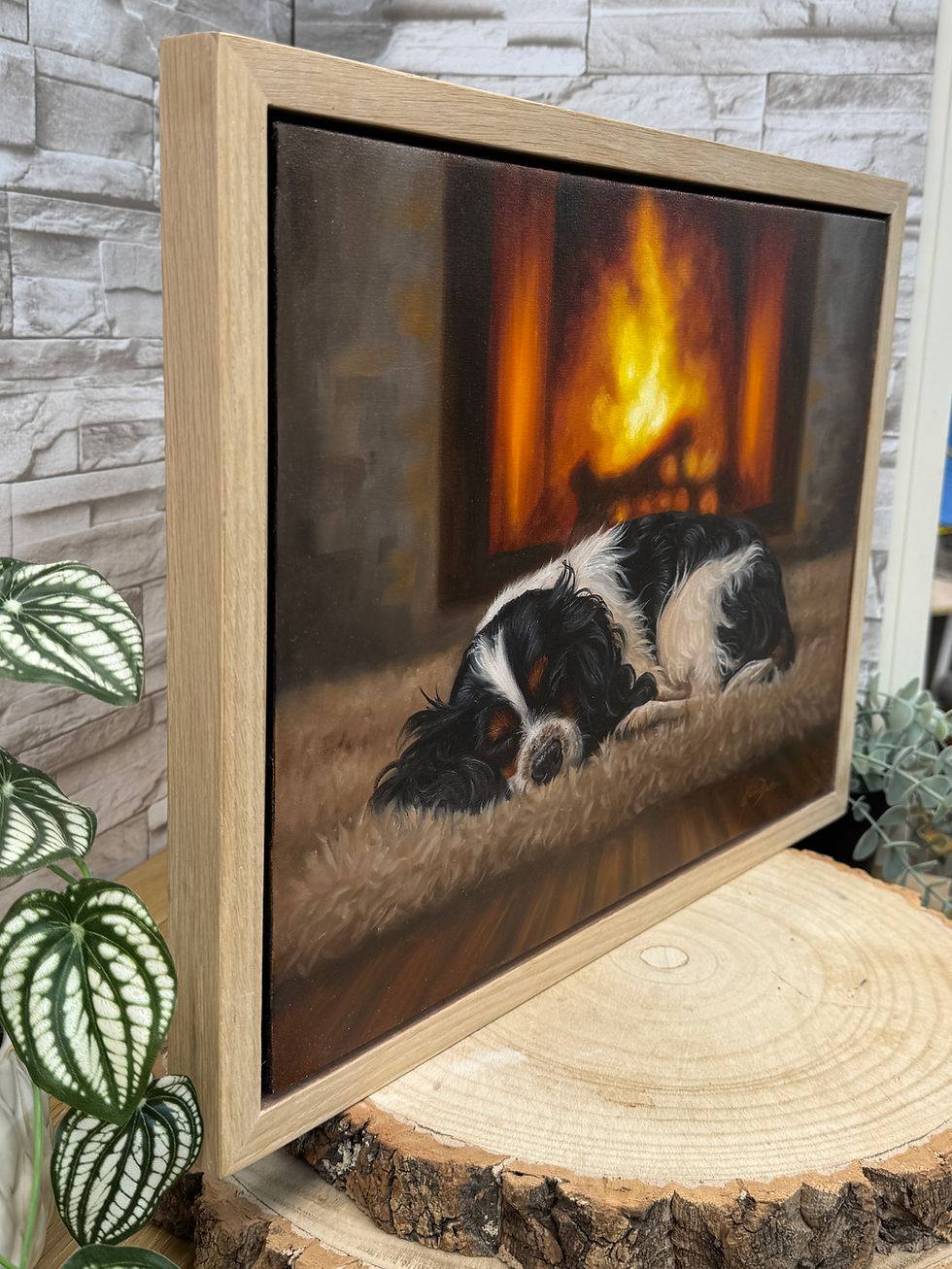 Thumbnail: Sleeping dog resting by a warm fire, original oil painting with soft side angle framed