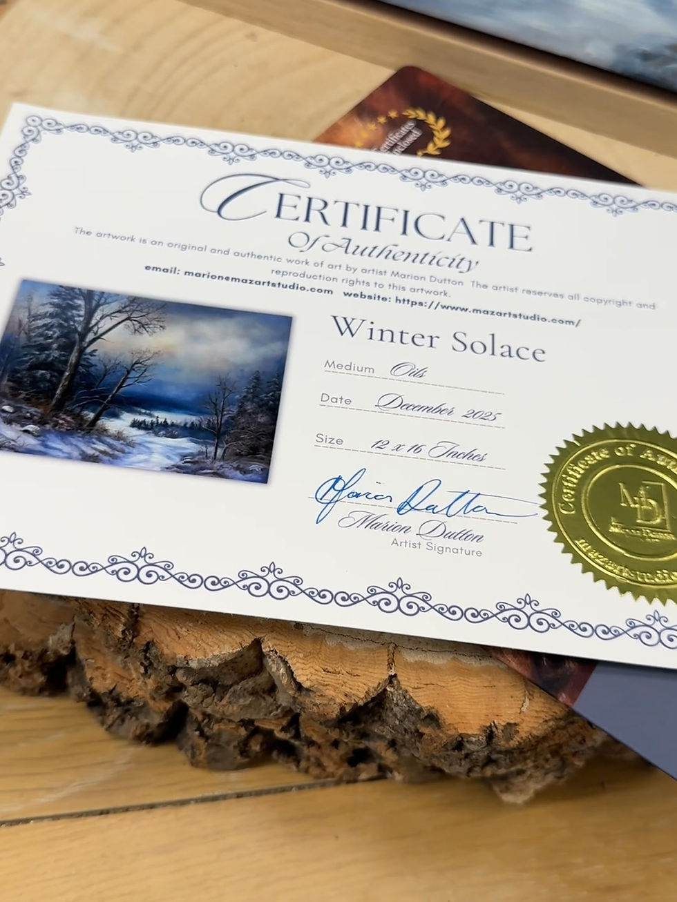 Thumbnail: Winter landscape with snow-covered trees and calm river, original oil painting certificate