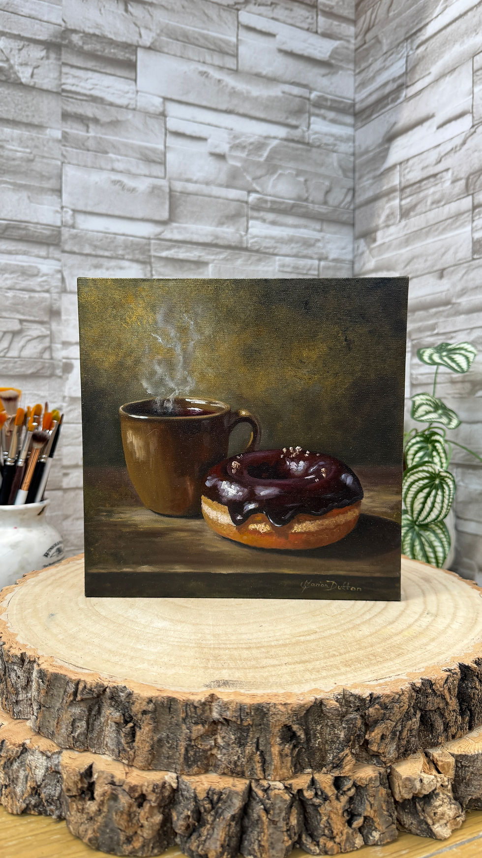 Thumbnail: Still life of a coffee mug and chocolate doughnut, original oil painting with warm tones and soft light fronmt