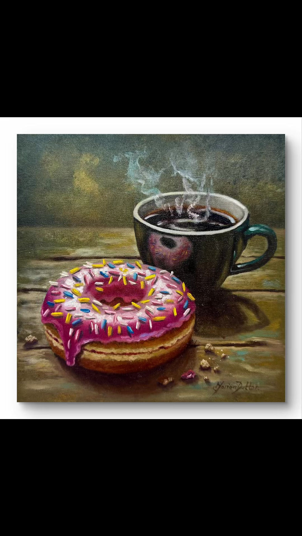 Thumbnail: Still life of a coffee mug and pink iced doughnut, original oil painting front view