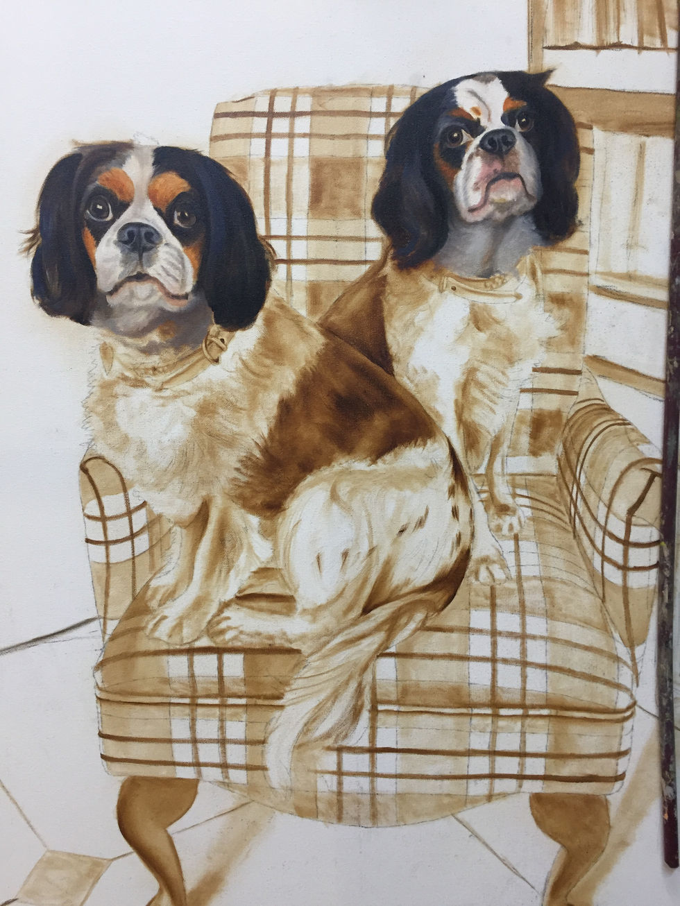 Oil Portrait of Cavalier King Charles Spaniels by Marion Dutton underpainting progress