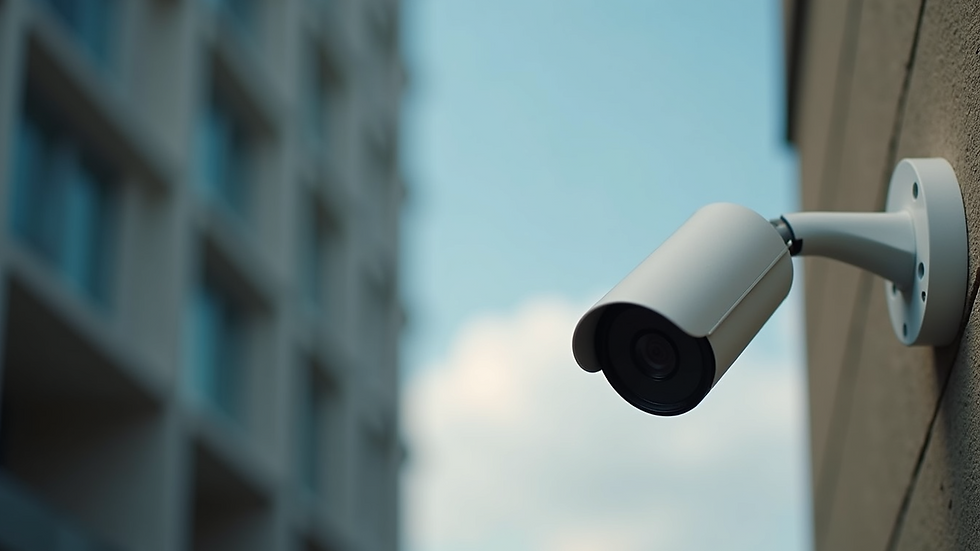 High angle view of a smart security camera mounted on a wall