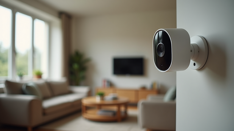Close-up view of a smart security camera in a home setting