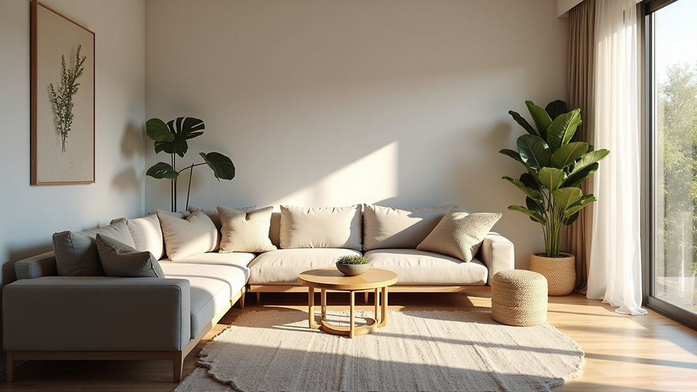 High angle view of a bright home living room with smart lighting