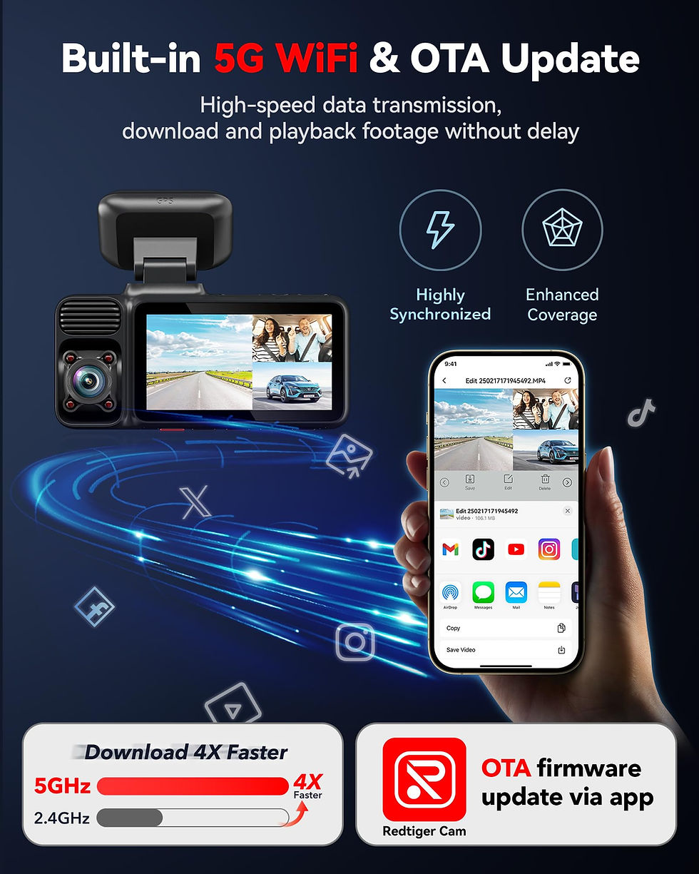 Thumbnail: REDTIGER F17 4K 3 Channel Dash Cam 5G WiFi Built-in GPS, Free 64GB Card, 2160...