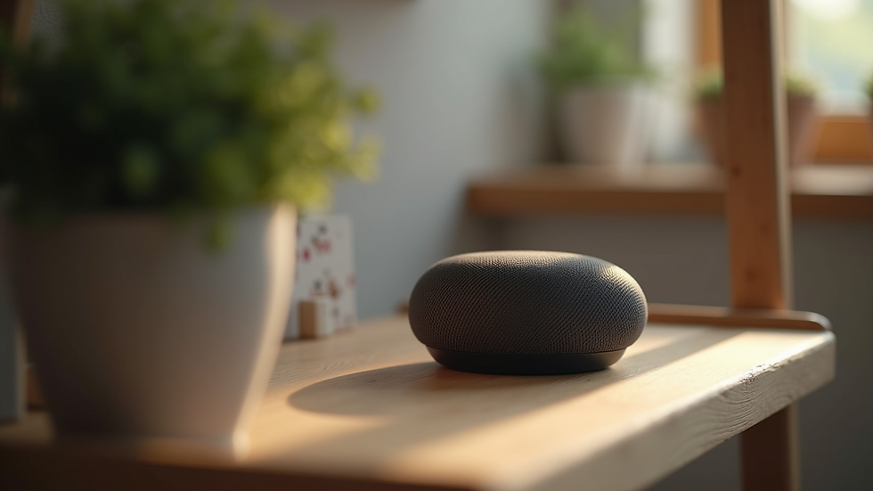 Close-up view of a voice assistant device on a shelf
