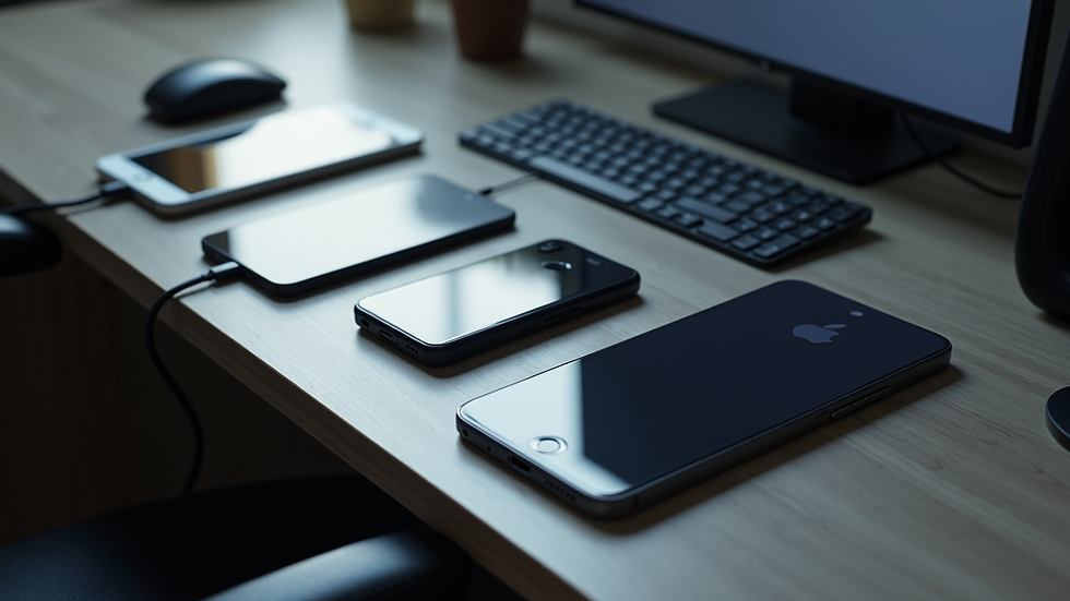 High angle view of an organized charging station with multiple tech gadgets