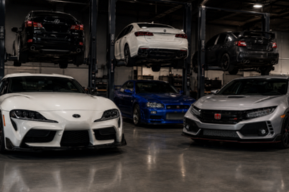 Japanese import services for performance cars in a garage