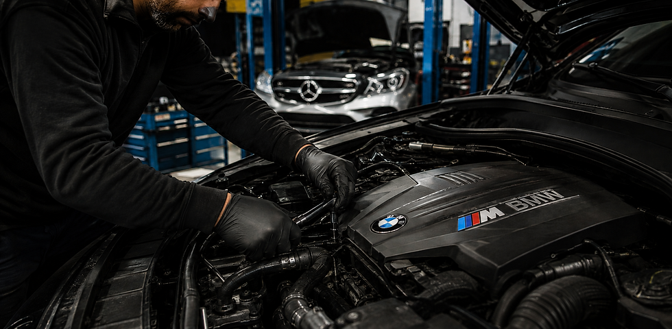 Mechanic performing European service on a BMW engine