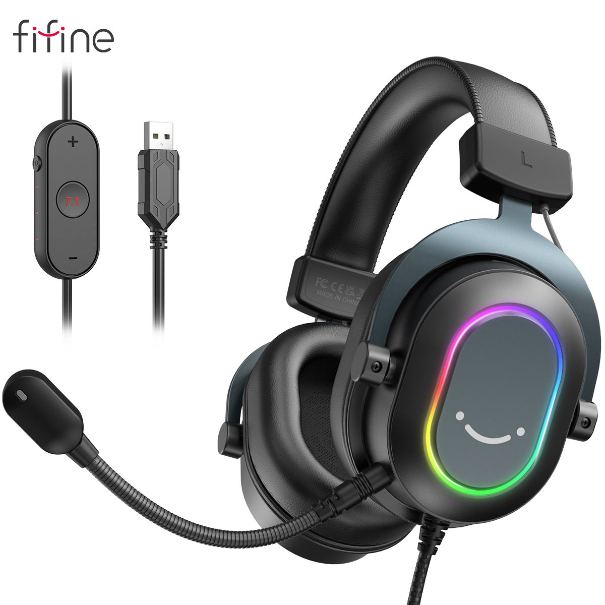 Fifine Dynamic RGB Gaming Headset with Mic Over-Ear Headphones 7.1 Surround Soun