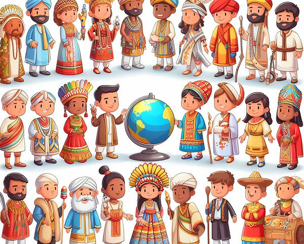A cartoon showing diverse individuals in cultural attire standing around a globe, representing cultural diversity and protecting local identity within an interconnected world.