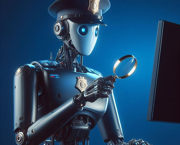 A cartoon robot dressed as a police officer looking closely through a magnifying glass at a computer screen displaying social media posts. The robot has a badge on its chest.