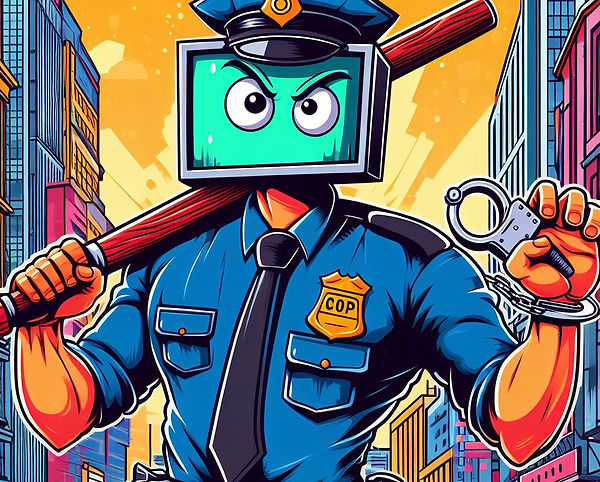 A colorful cartoon of a police officer with a computer monitor for a head representing big tech censorship. He holds a baton in one hand and handcuffs in the other.