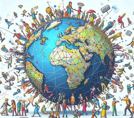 An image depicting diverse individuals from various cultural backgrounds standing together on a globe, representing the values of open dialogue, diversity, and global community embraced by TrueMindX.