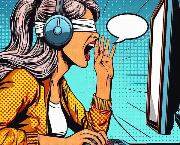 A pop art style image of a woman wearing a blindfold shouting angrily at a computer screen, representing the blind outrage of cancel culture.