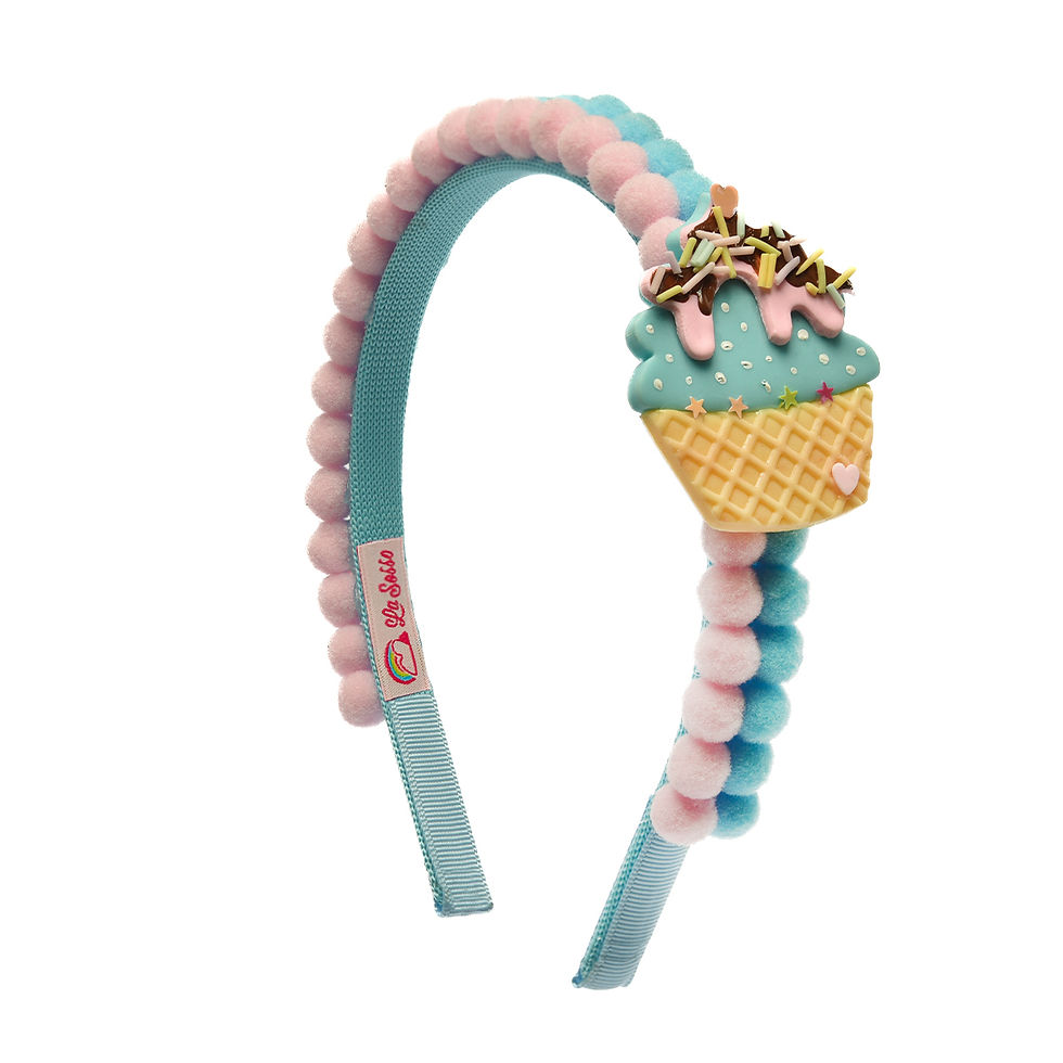 ARCO DE CABELO ROSA CUPCAKE COBERTURA AZUL E CHOCOLATE