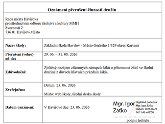 Oznámení o přerušení činnosti družiny