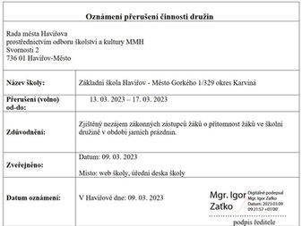 Oznámení o přerušení činnosti družiny