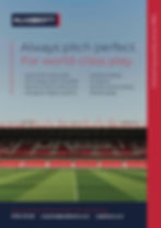 Stadium interior with red seats, green field. Text promotes MJ Abbott's pitch construction services. Contact details included.