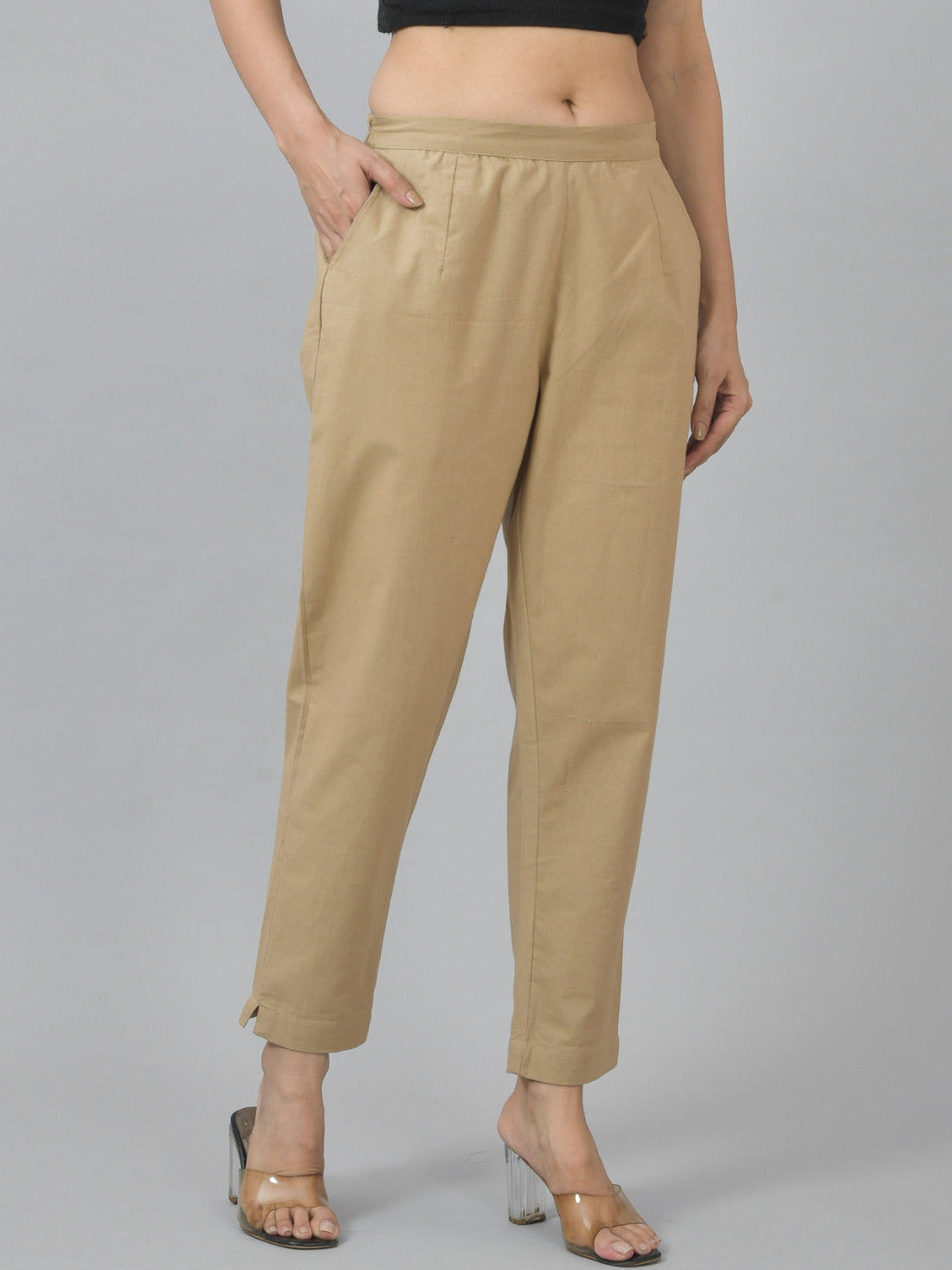 Beige Cotton Half Elastic Regular Fit Women Trouser