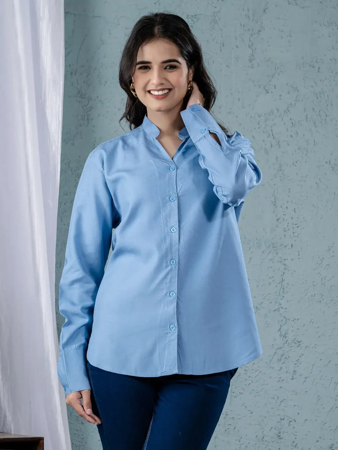 Sky Blue Viscose Women Shirt