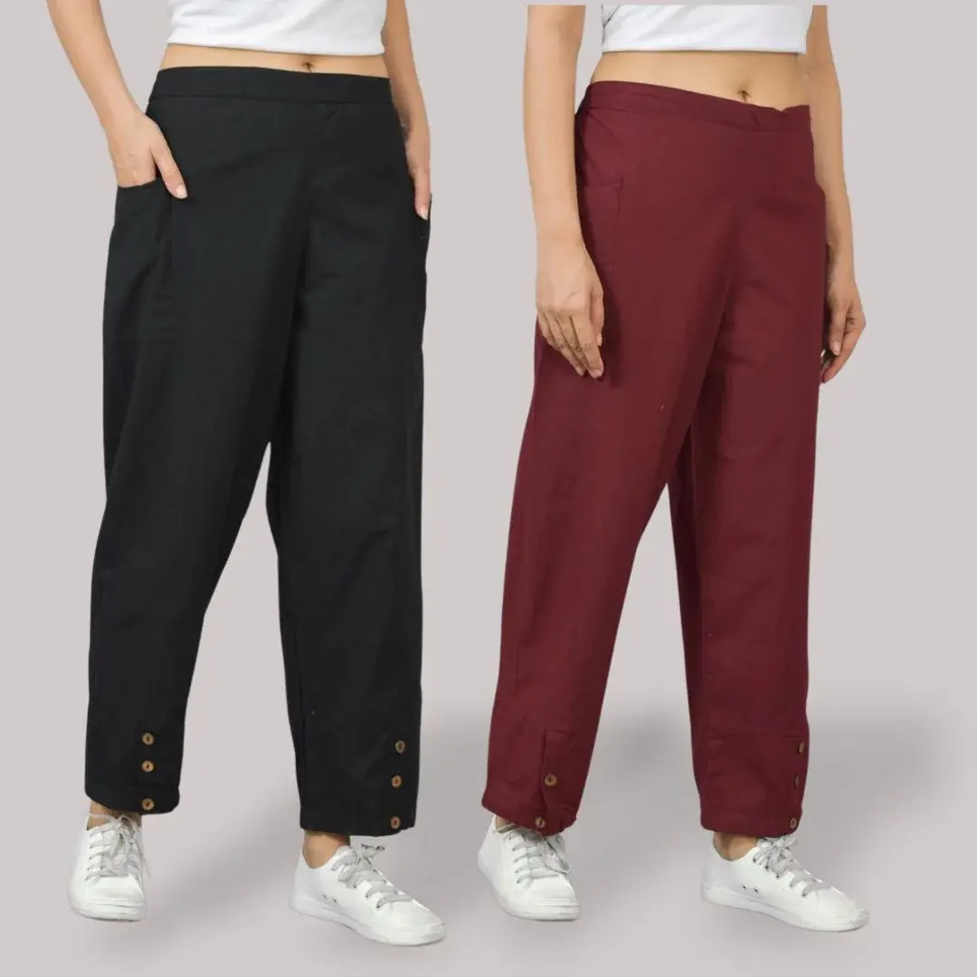 Combo of 2 Cotton Side Pocket Black and Maroon Straight Cargo