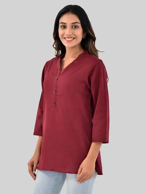 Thumbnail: Maroon Solid Casual Cotton Women Tops