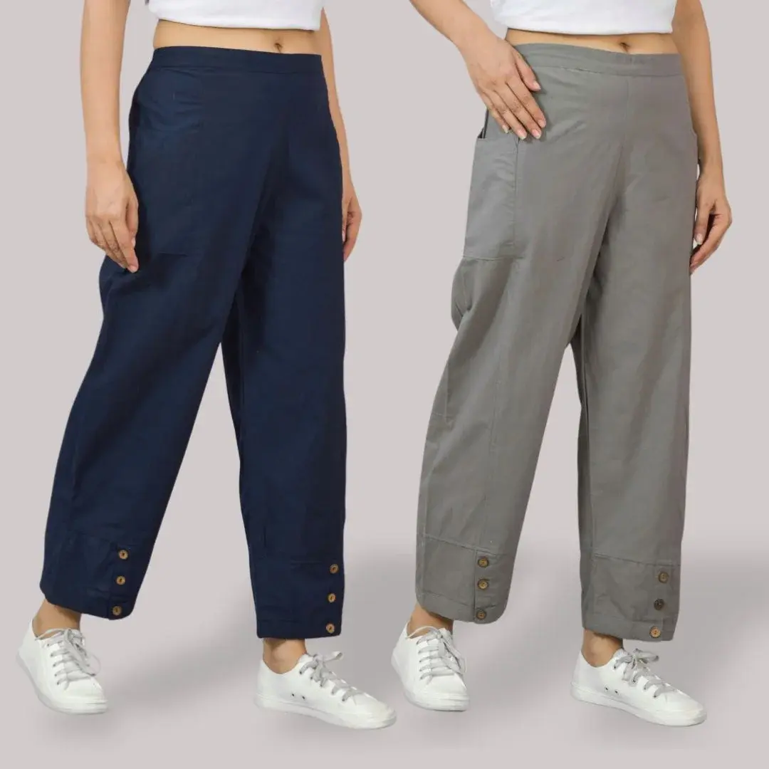 Combo of 2 Cotton Side Pocket Dark Gray and Navy Blue Straight Cargo