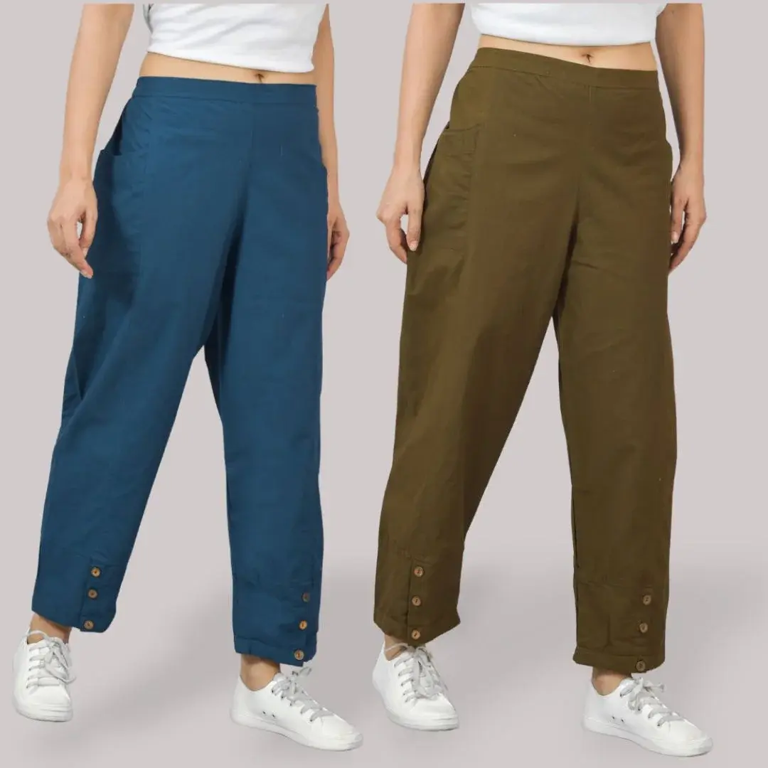 Combo of 2 Cotton Side Pocket Teal Blue and Mehendi Green Straight Cargo