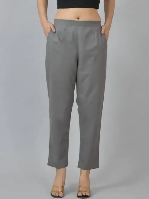 Thumbnail: Dark Grey Cotton Half Elastic Regular Fit Women Trouser
