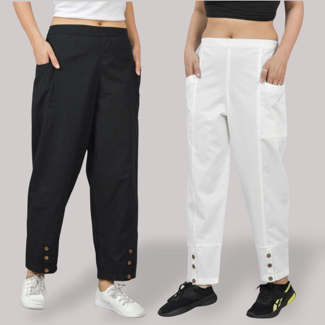 Combo of 2 Cotton Side Pocket Black and White Straight Cargo