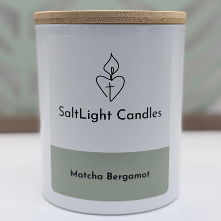 SaltLight Candle Match Bergamot next to eucalyptus.