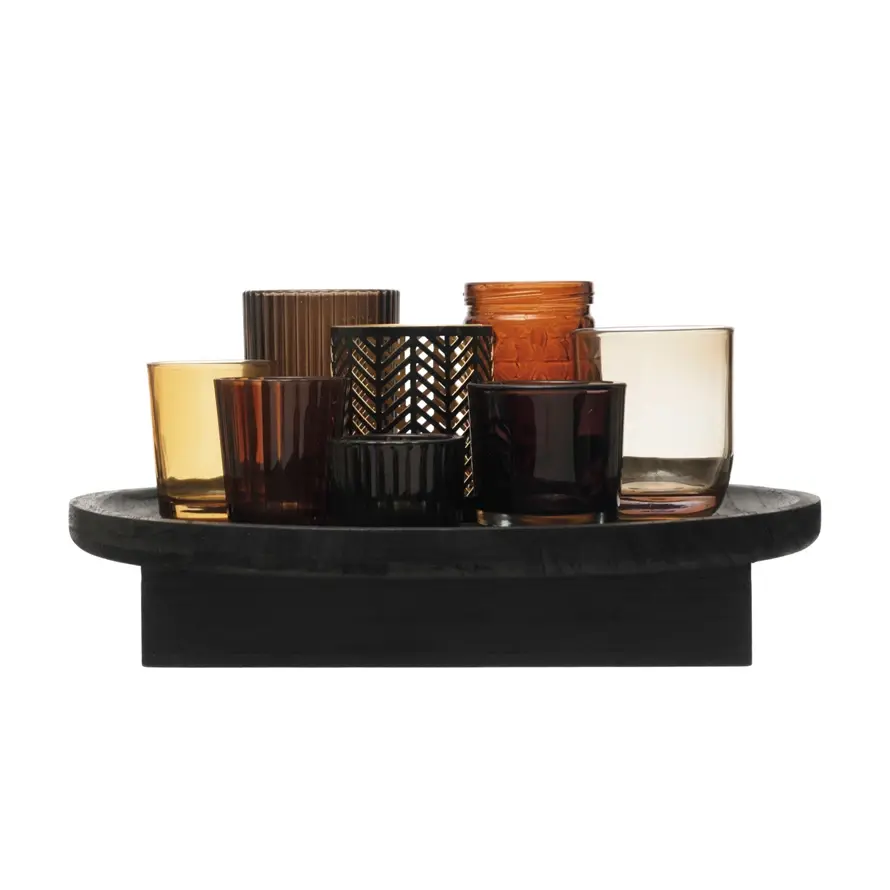 Embossed Glass & Metal Votive Holders with Paulownia Wood Tray, Set of 9