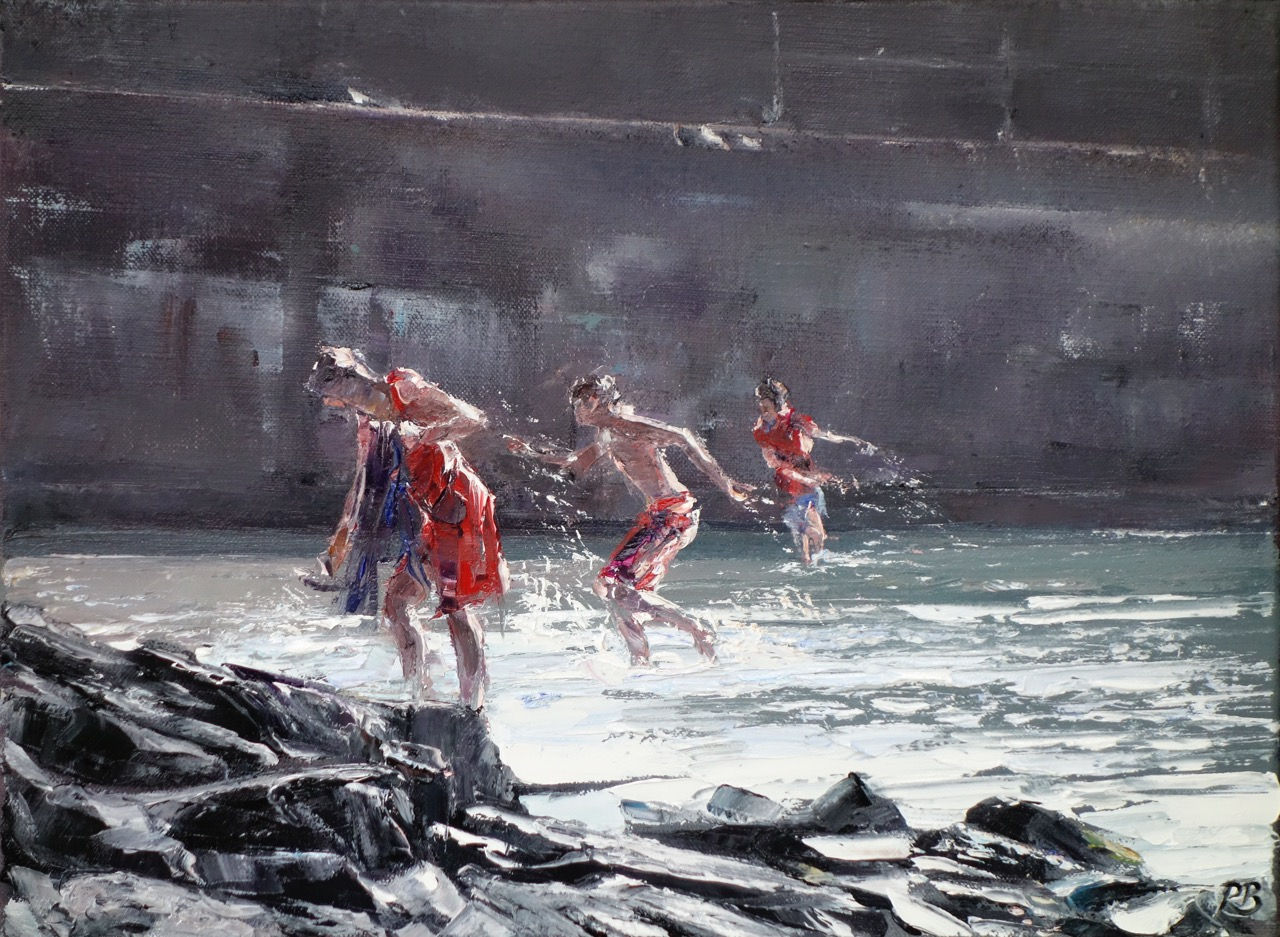 David Porteous-Butler 'Bathers, Elgol' 40x30cm White City Gallery London Oil on canvas Palette knife artwork Figurative water
