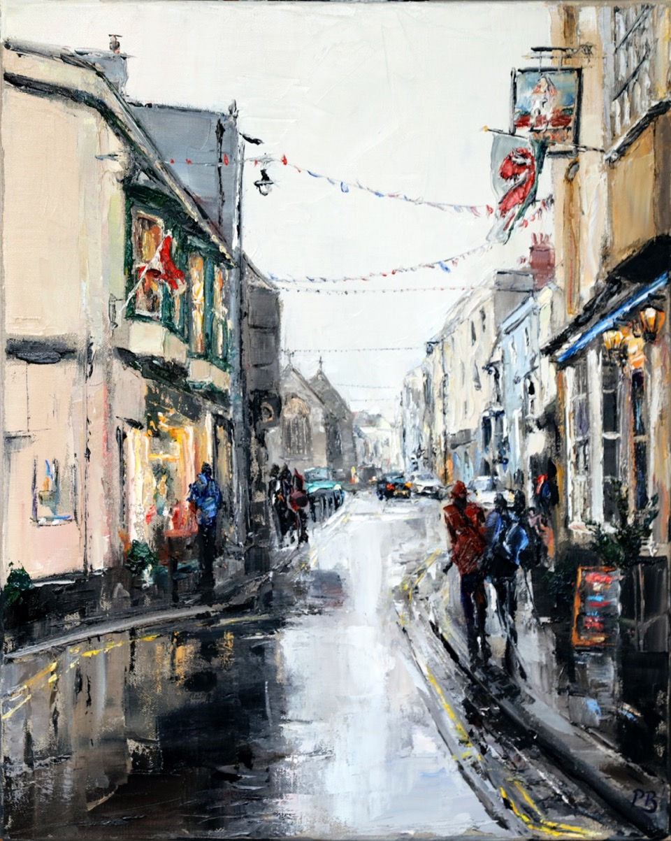 David Porteous-Butler 'Rainy Day, Tenby' 40x50cm White City Gallery London Oil on canvas Palette knife artwork street scene
