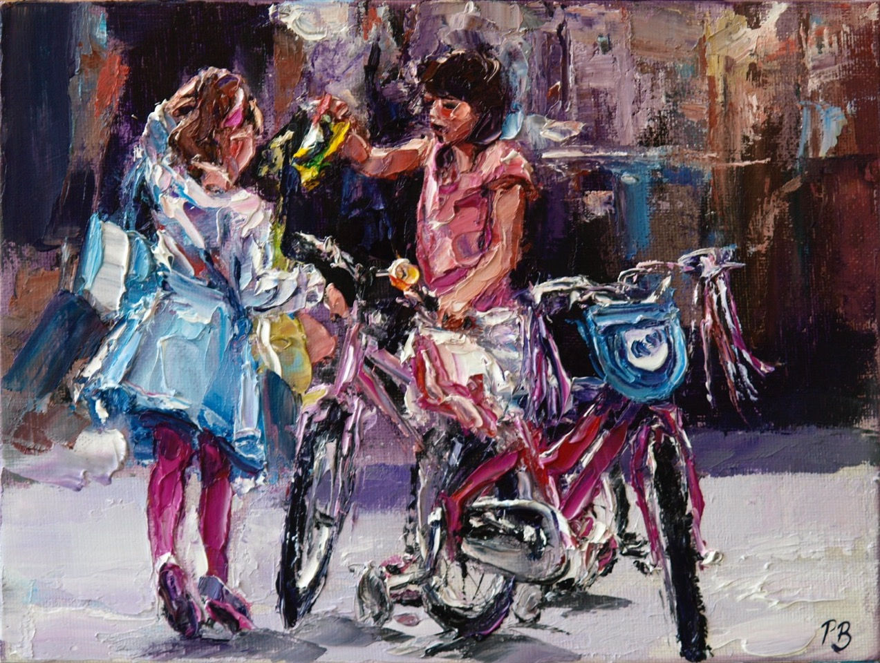 David Porteous-Butler 'Girls with Bikes' 24x18cm White City Gallery London Oil on canvas Palette knife painting Playful youth