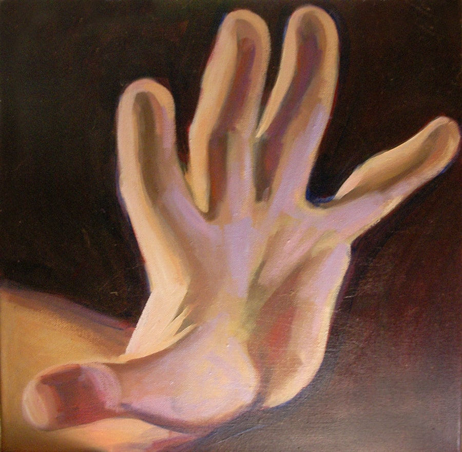 Small painting of an outstretched hand painted in brightly illuminated flesh tones - by Deirdre Hyde