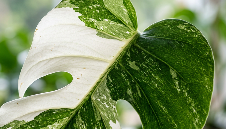 Close-up of a variegated leaf with green and white sections