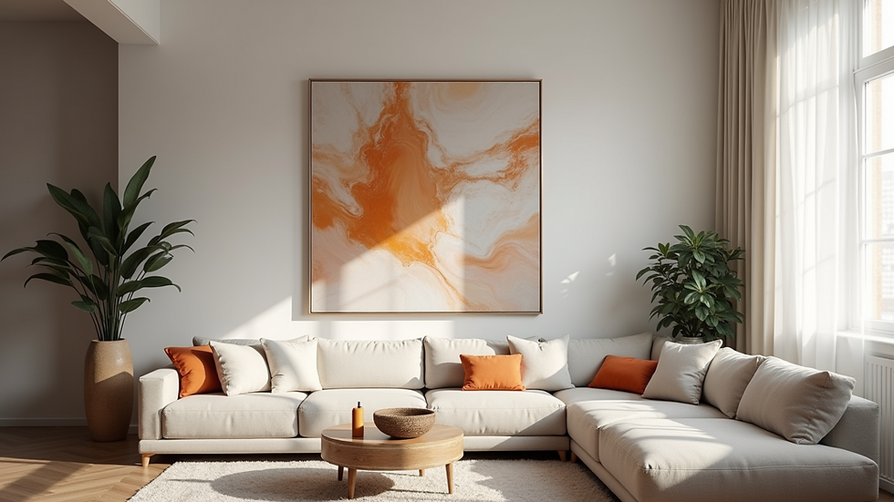 Eye-level view of a cozy living room with a large abstract painting on the wall