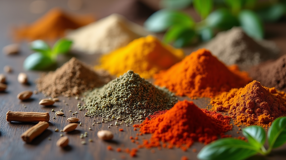 Close-up view of a variety of Ayurvedic herbs and spices